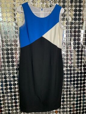 Kasper Blue, Black & White Diagonal Colorblock Midi Sheath Dress